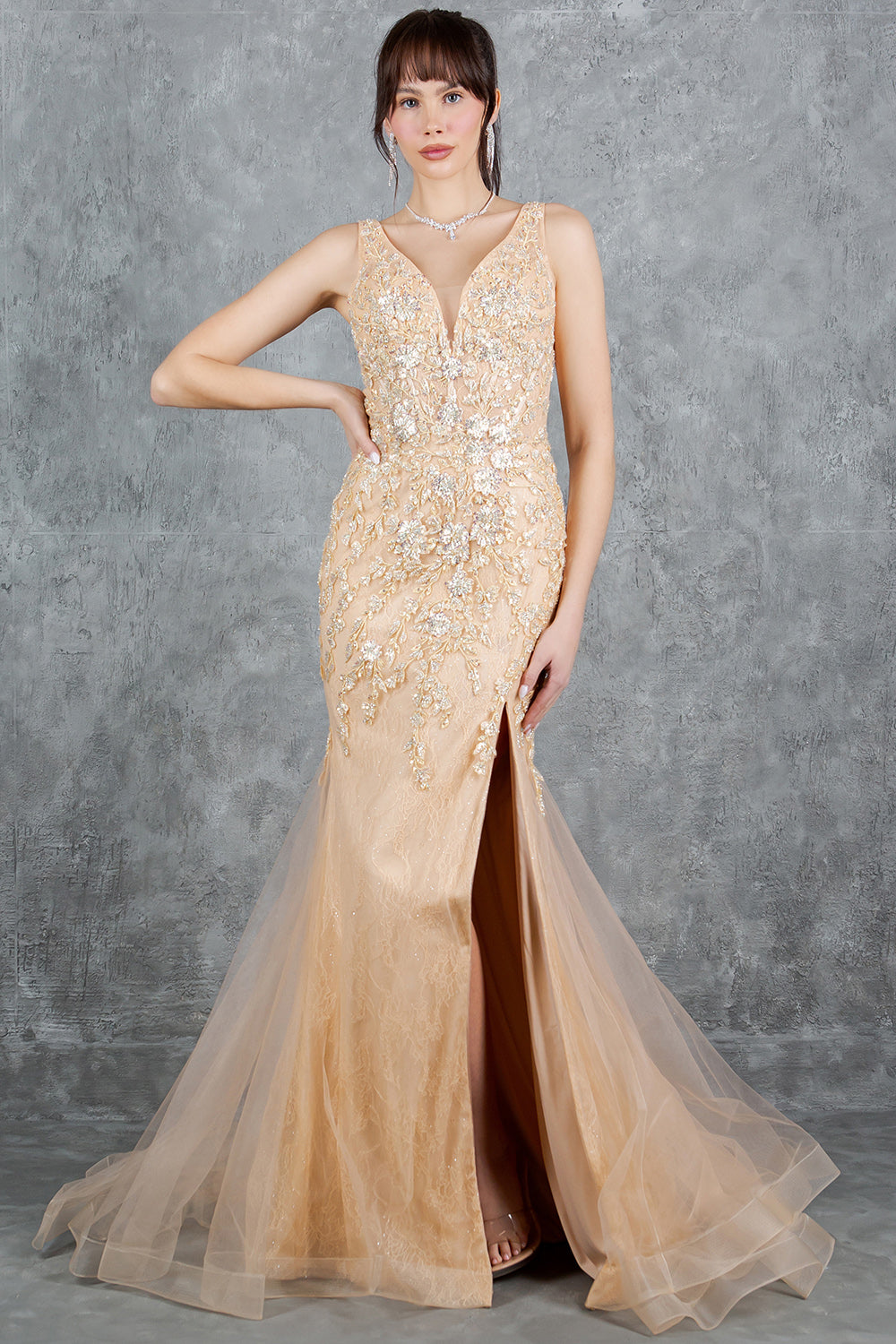 Plunging Neckline Leg Slit Mermaid Party Dress by Cinderella Couture USA AS8241J