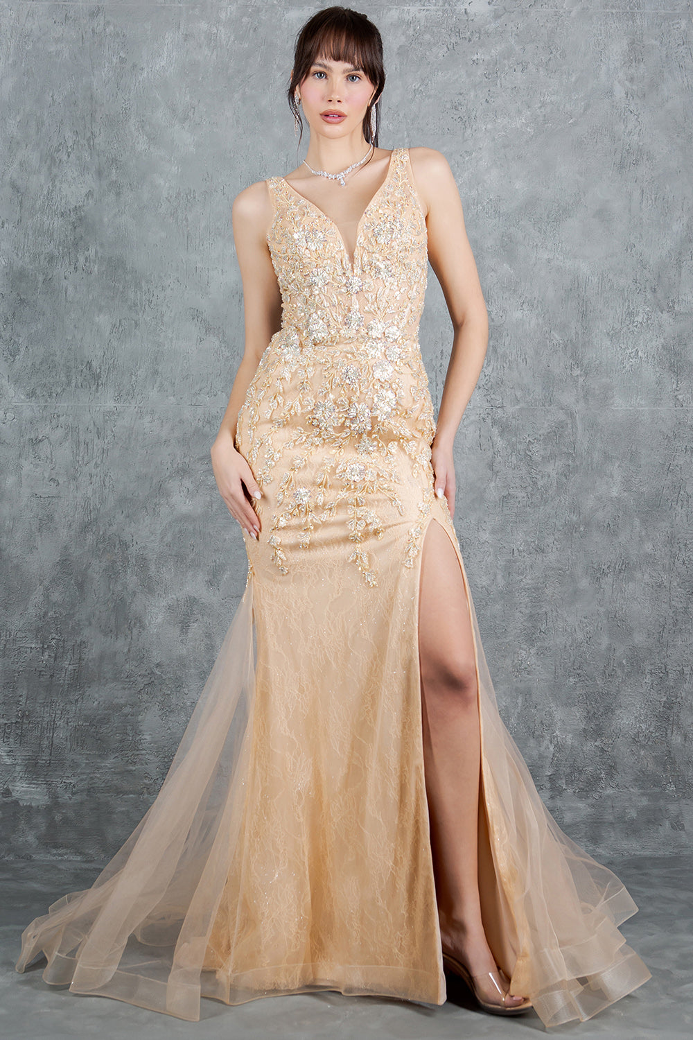 Plunging Neckline Leg Slit Mermaid Party Dress by Cinderella Couture USA AS8241J