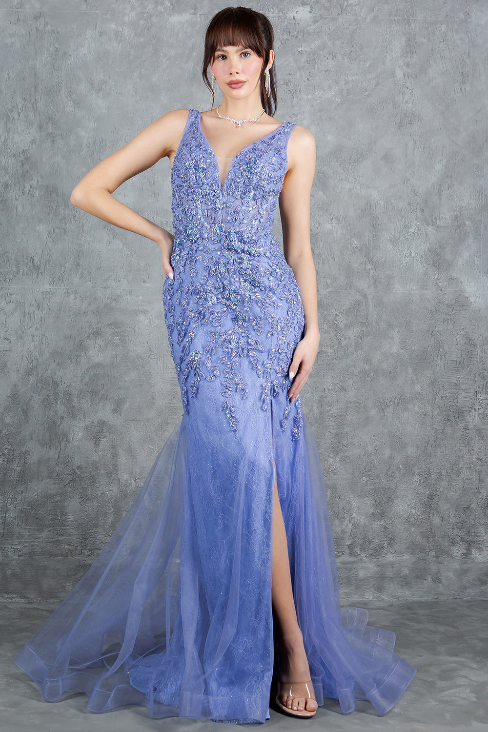 Plunging Neckline Leg Slit Mermaid Party Dress by Cinderella Couture USA AS8241J