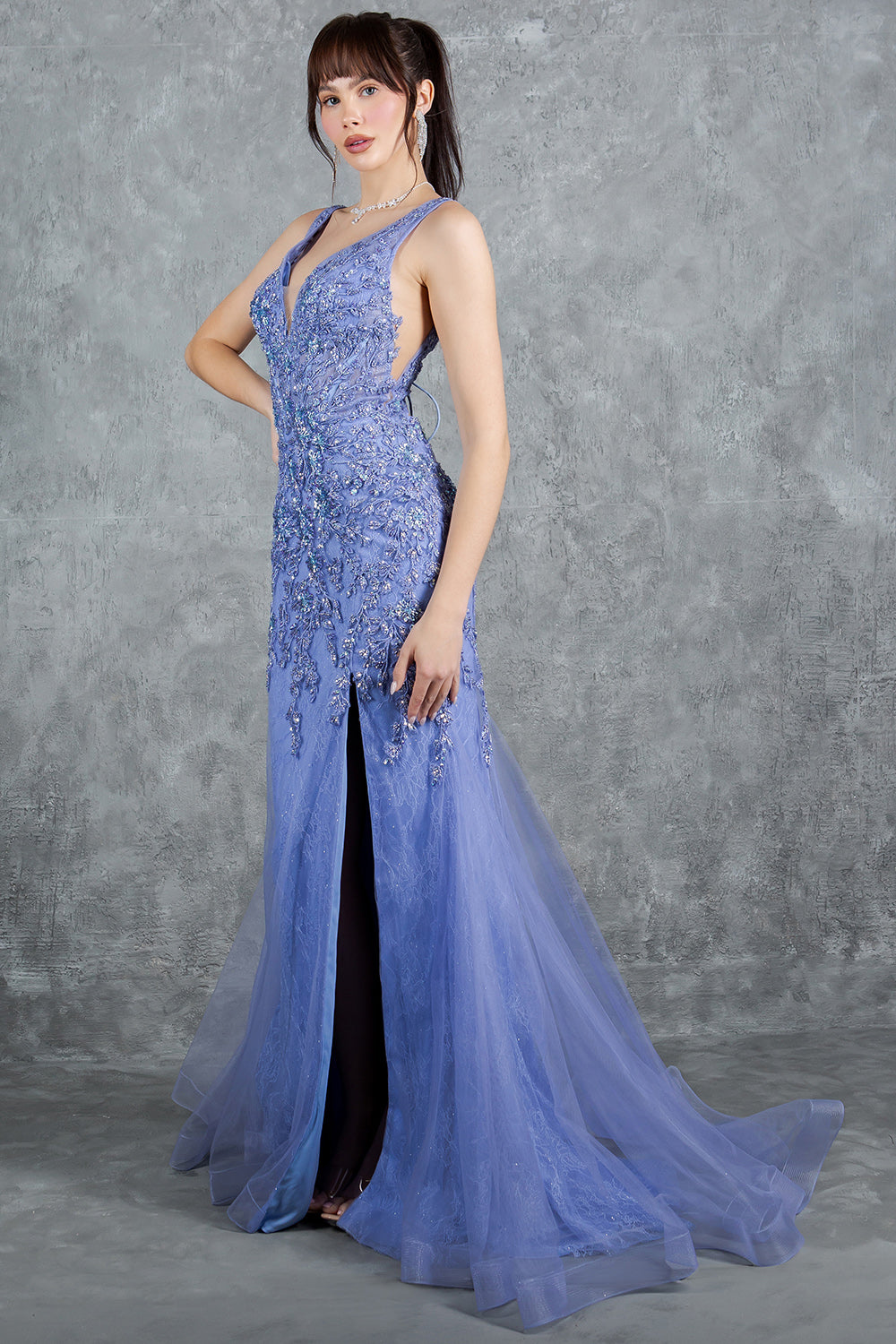 Plunging Neckline Leg Slit Mermaid Party Dress by Cinderella Couture USA AS8241J