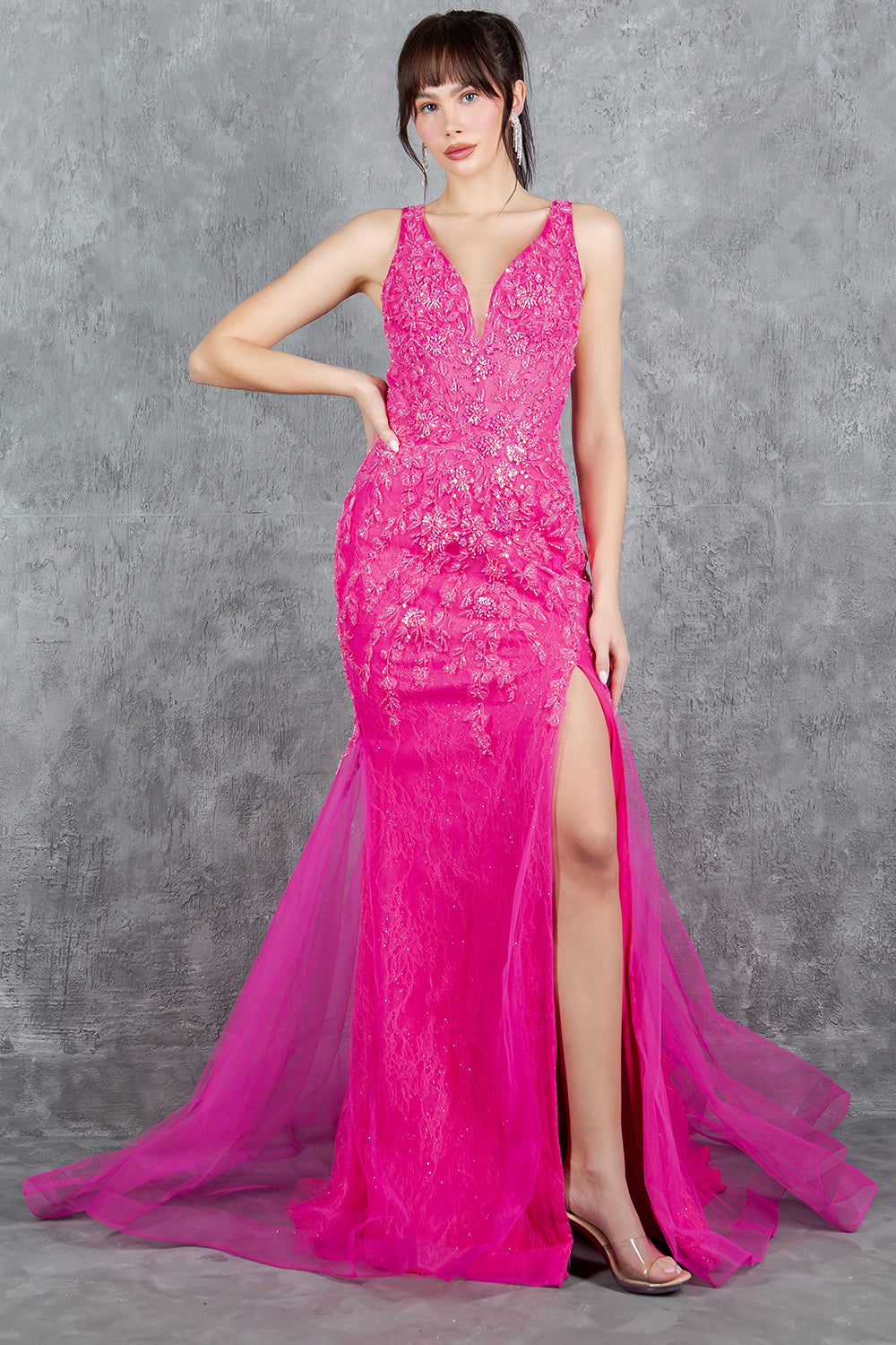 Plunging Neckline Leg Slit Mermaid Party Dress by Cinderella Couture USA AS8241J