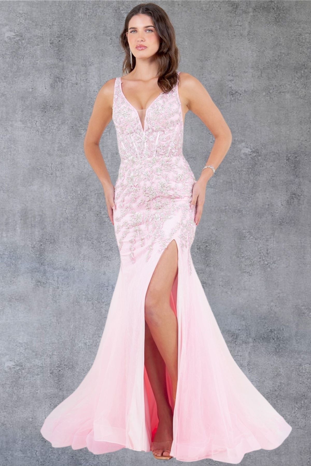 Plunging Neckline Leg Slit Mermaid Party Dress by Cinderella Couture USA AS8241J