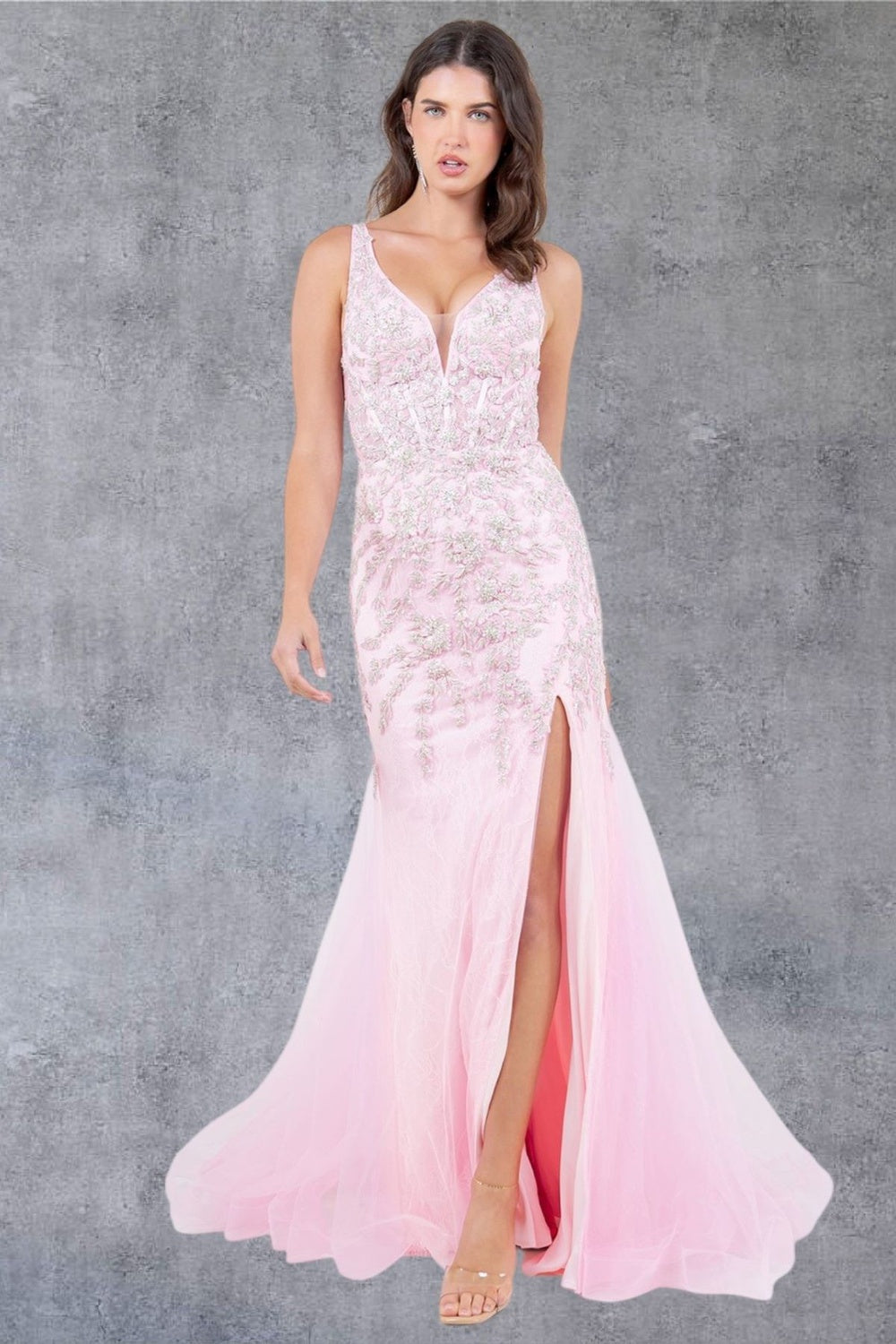 Plunging Neckline Leg Slit Mermaid Party Dress by Cinderella Couture USA AS8241J