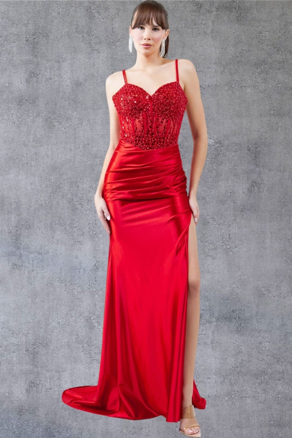 Beaded Satin Sweetheart Neckline Party Dress by Cinderella Couture USA AS8247J