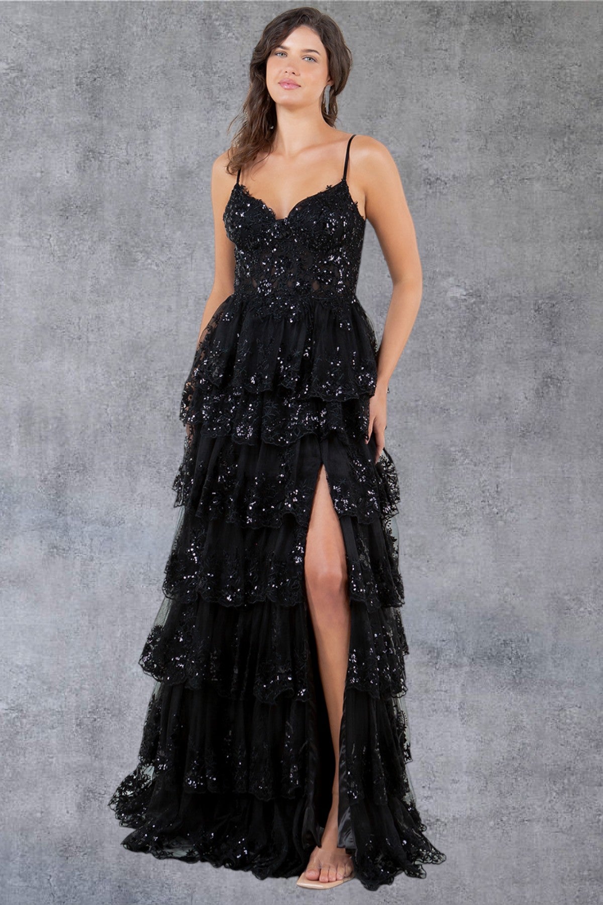 Sequin A-Line Leg Slit Party Dress by Cinderella Couture USA AS8248J