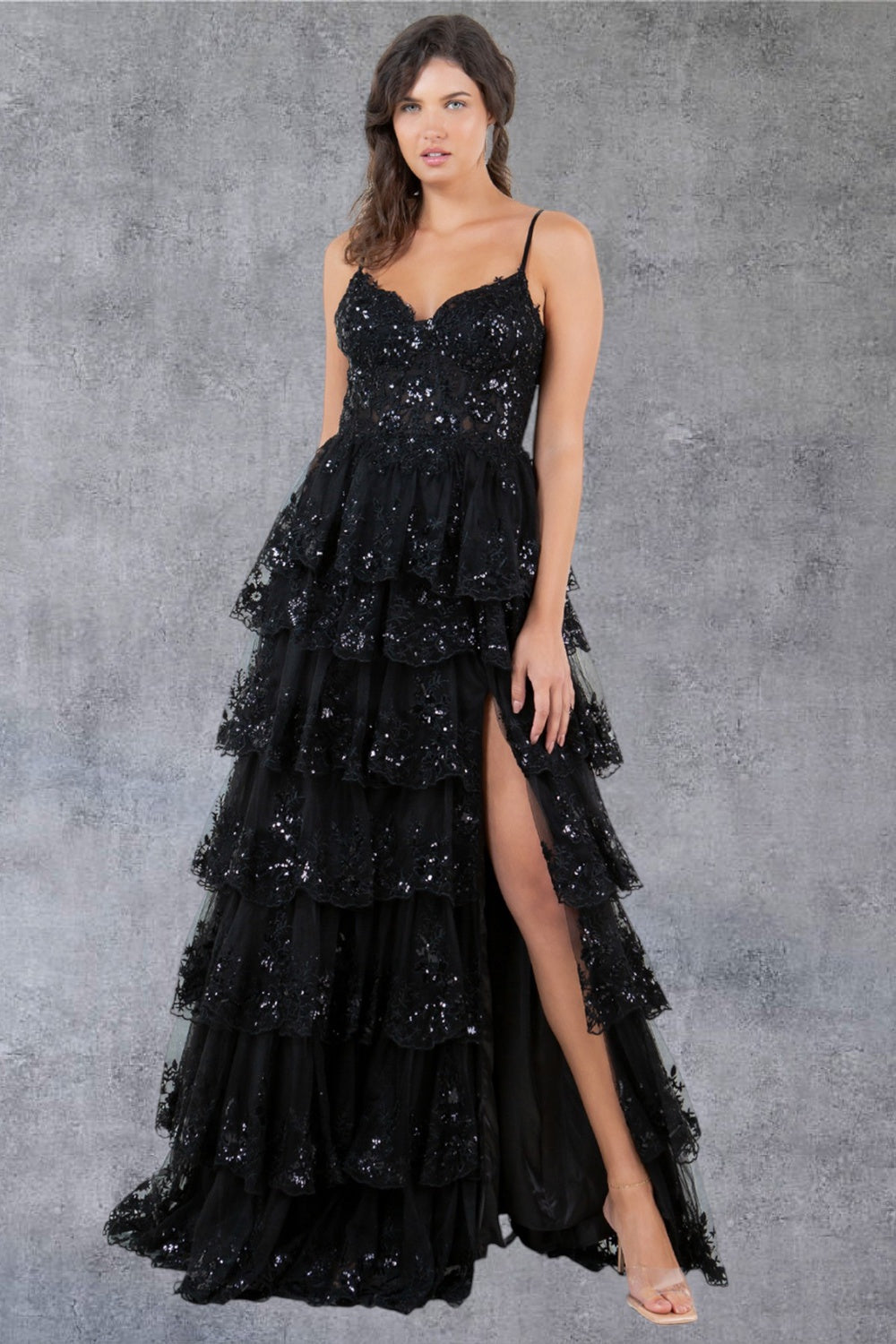 Sequin A-Line Leg Slit Party Dress by Cinderella Couture USA AS8248J Black / 6/S Sequin A-Line Leg Slit Party Dress by Cinderella Couture USA AS8248J Black / 6/S