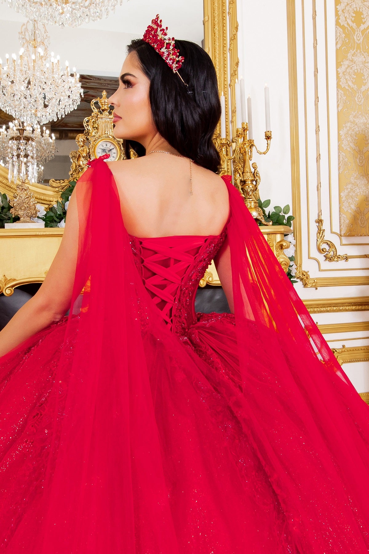 Broach Off Shoulder Cape Quinceanera Dress by Cinderella Couture USA AS8270J