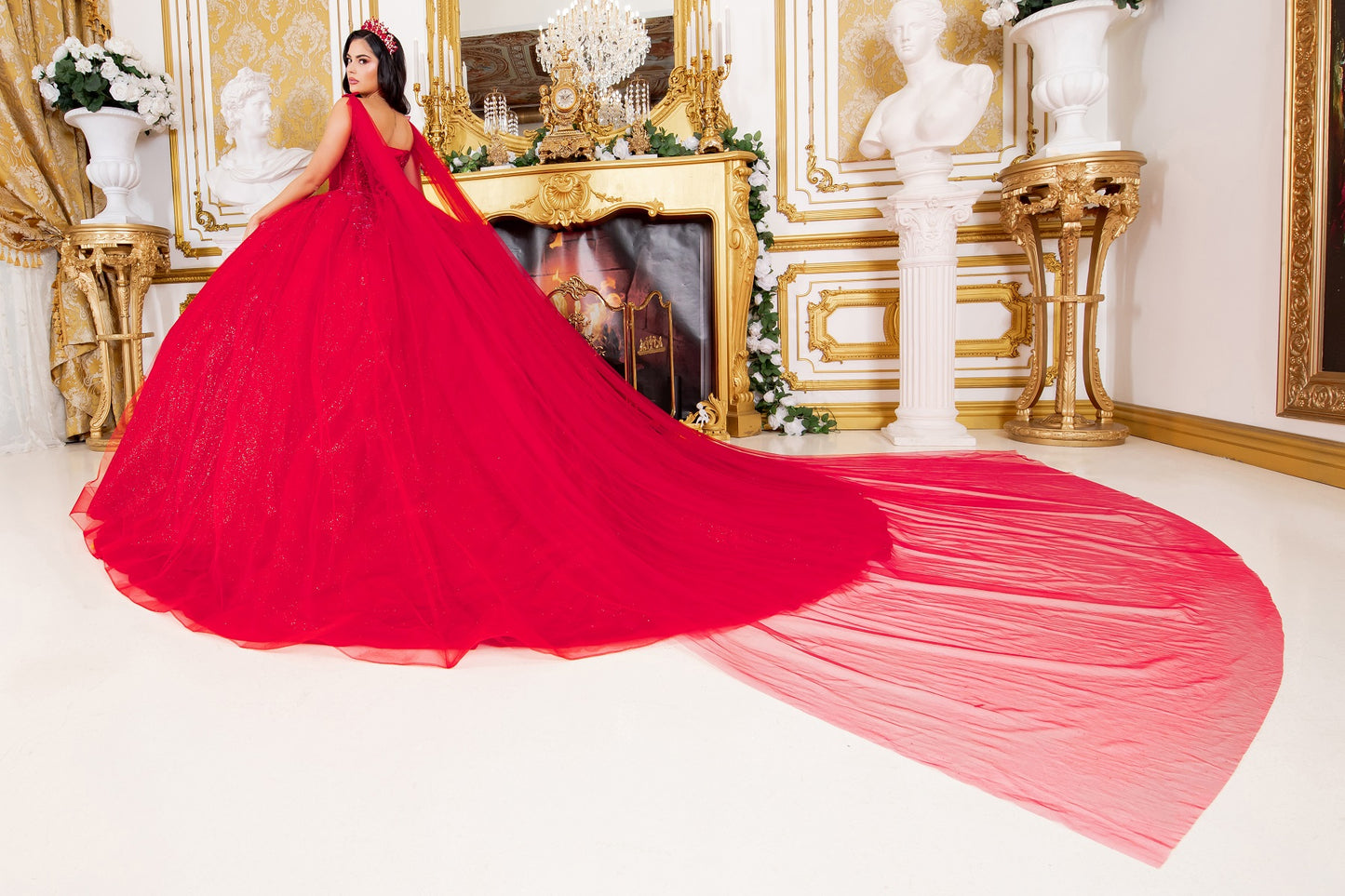 Broach Off Shoulder Cape Quinceanera Dress by Cinderella Couture USA AS8270J