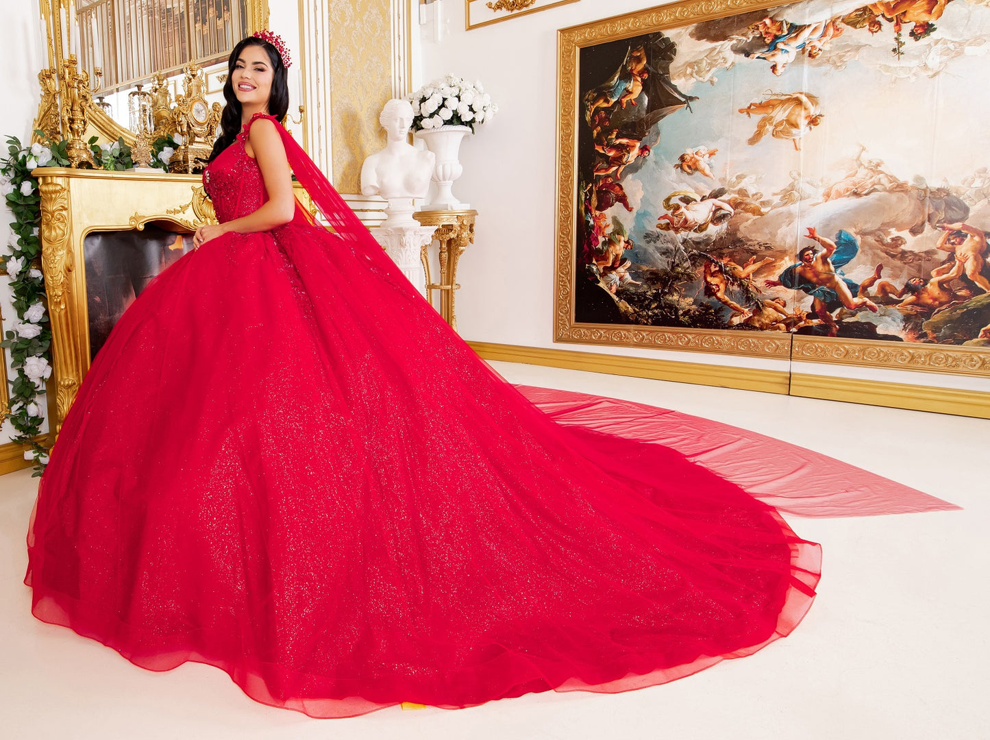 Broach Off Shoulder Cape Quinceanera Dress by Cinderella Couture USA AS8270J