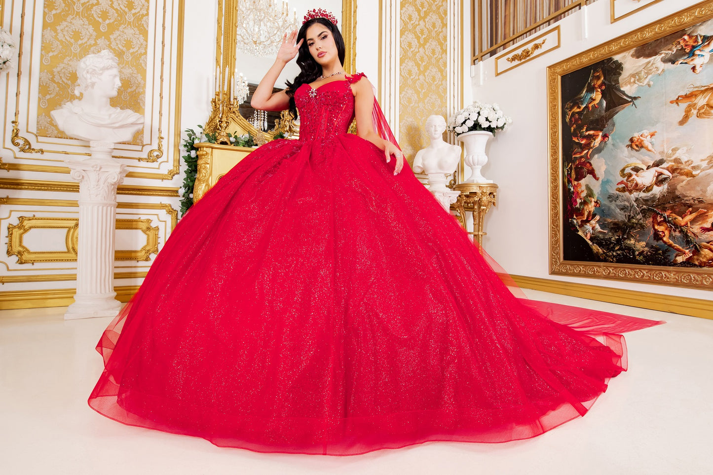 Broach Off Shoulder Cape Quinceanera Dress by Cinderella Couture USA AS8270J