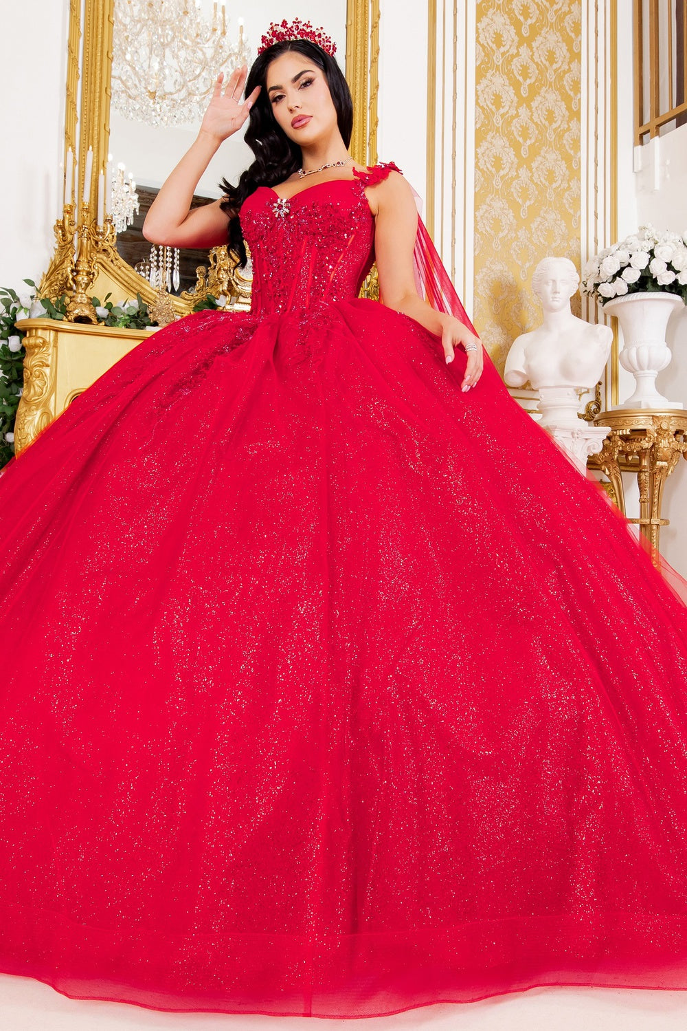 Broach Off Shoulder Cape Quinceanera Dress by Cinderella Couture USA AS8270J
