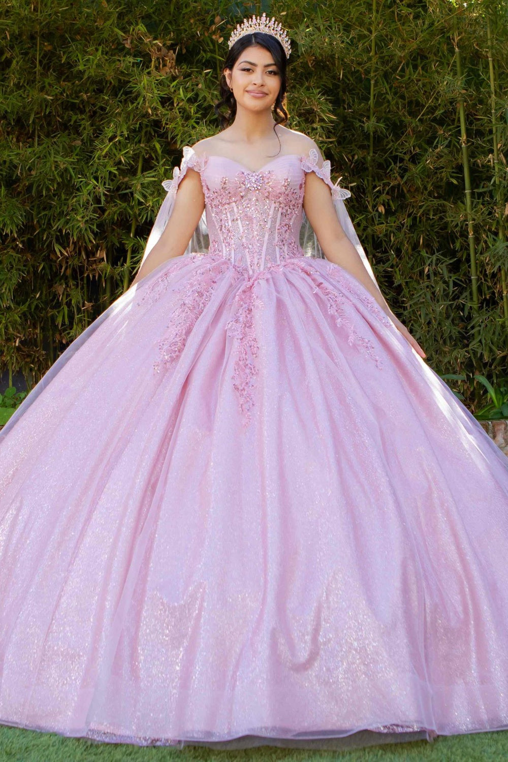 Broach Off Shoulder Cape Quinceanera Dress by Cinderella Couture USA AS8270J