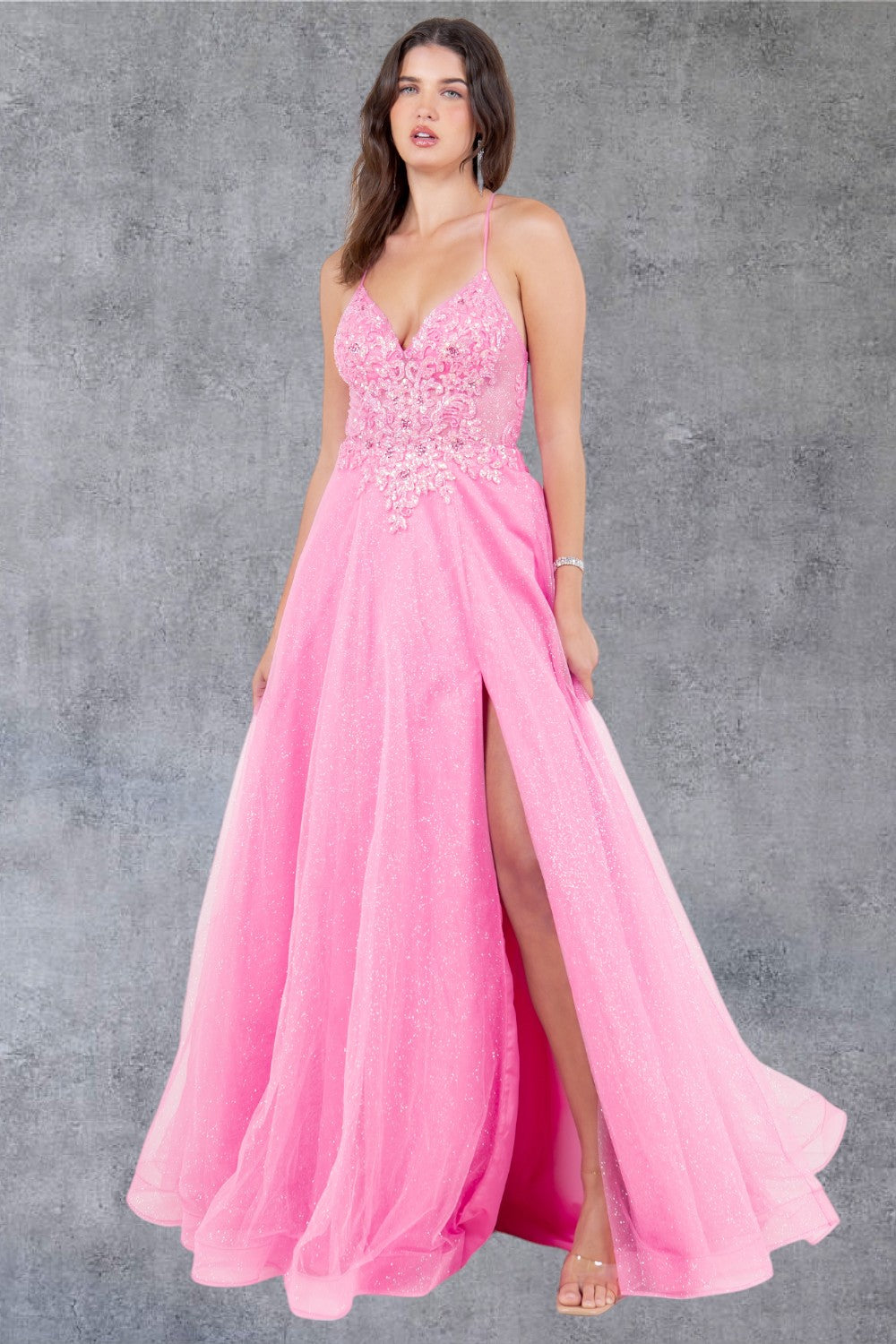 Glitter Beadwork A-Line Party Dress by Cinderella Couture USA AS8275J Hot-pink / 4/XS Glitter Beadwork A-Line Party Dress by Cinderella Couture USA AS8275J Hot-pink / 4/XS