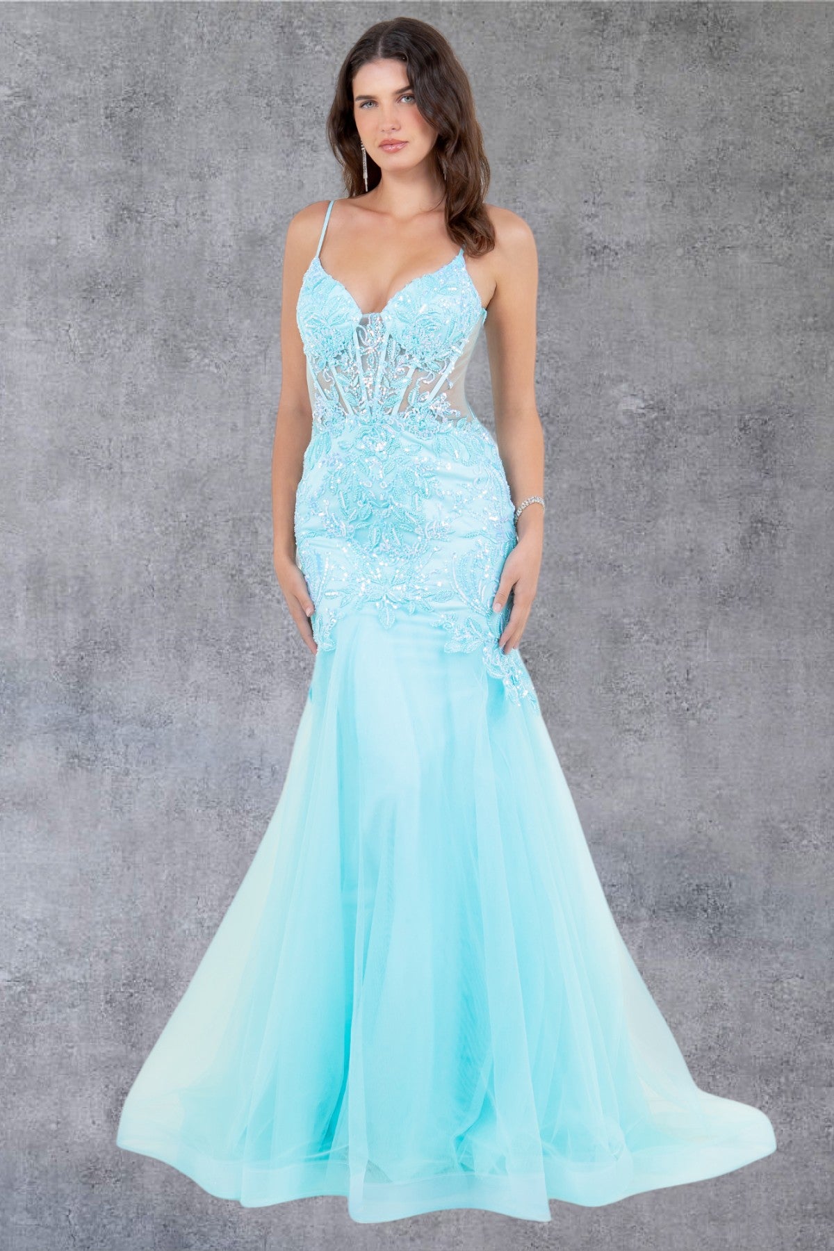 Embroidery Plunging Neckline Mermaid Party Dress by Cinderella Couture USA AS8276J