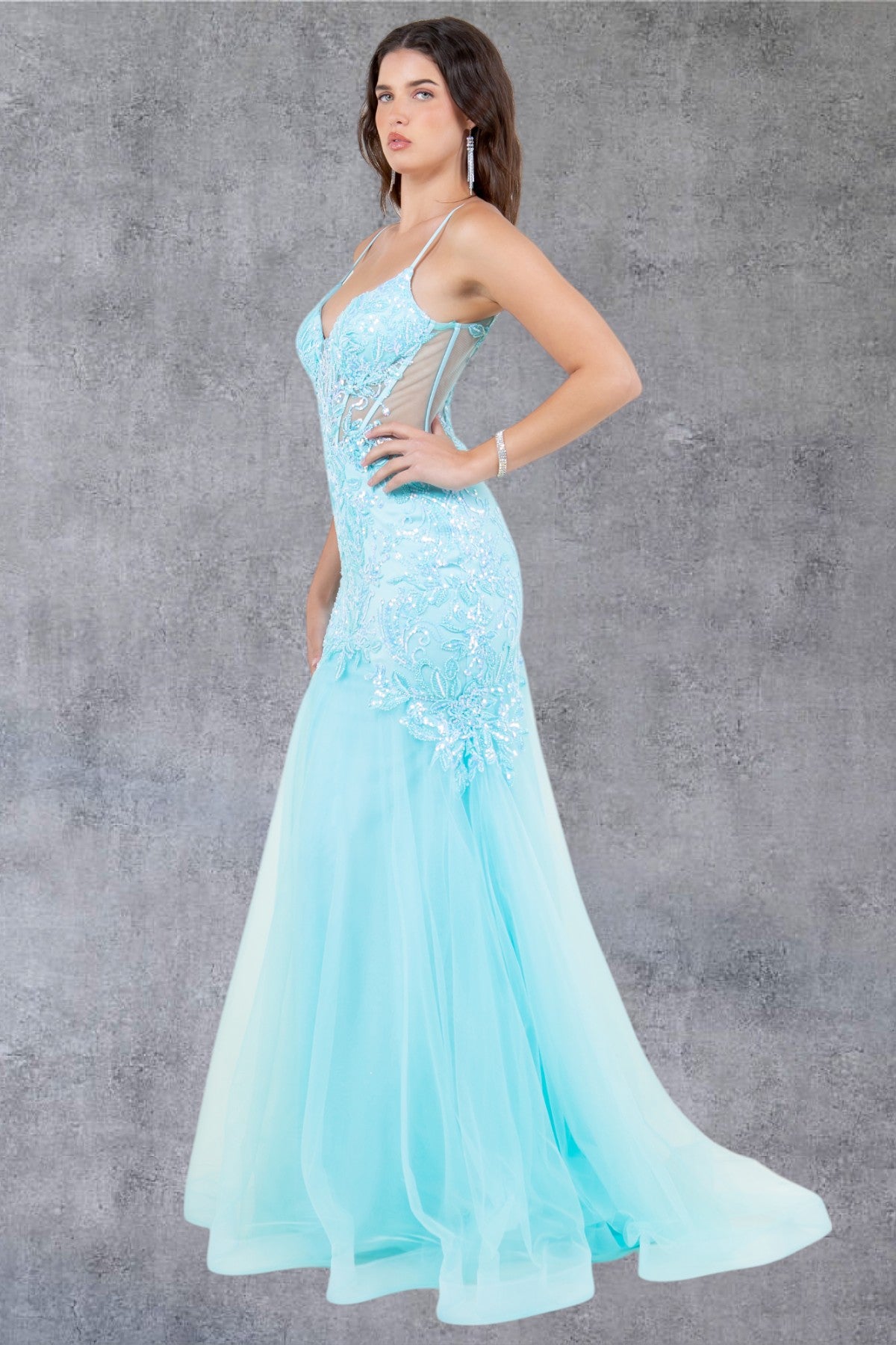 Embroidery Plunging Neckline Mermaid Party Dress by Cinderella Couture USA AS8276J