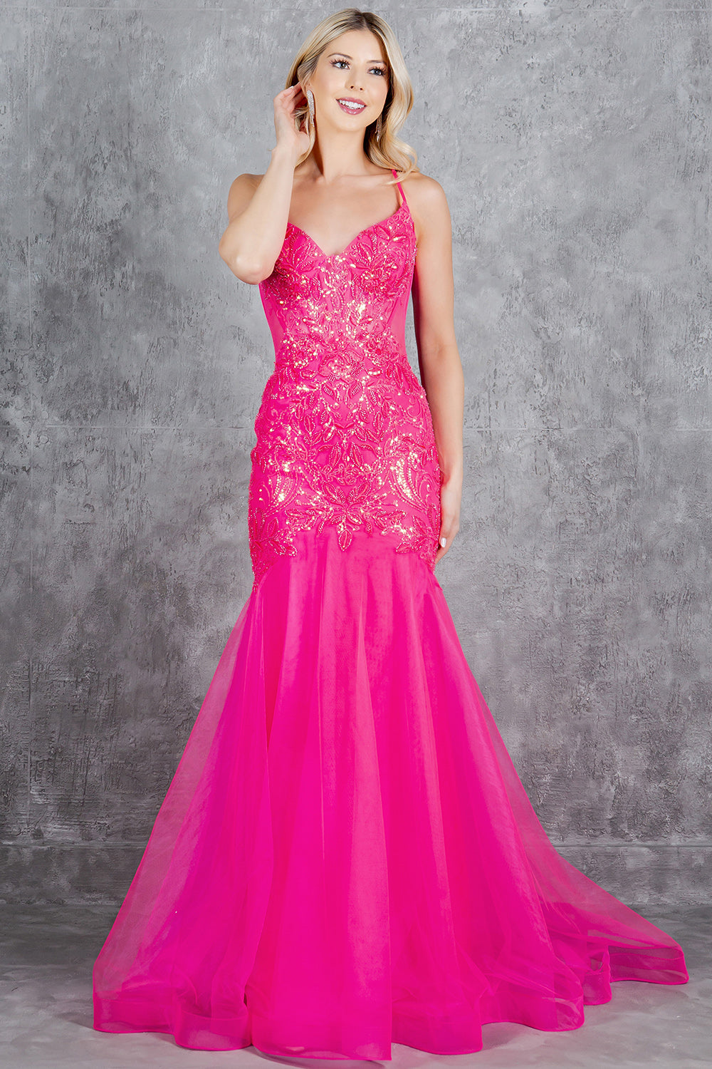 Embroidery Plunging Neckline Mermaid Party Dress by Cinderella Couture USA AS8276J