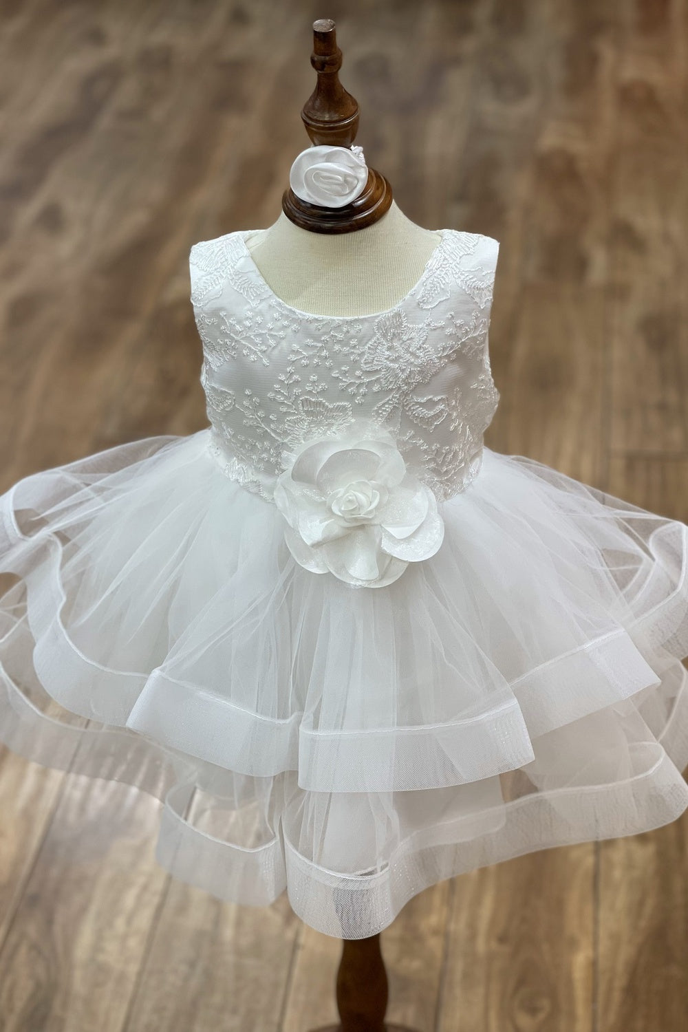 Elegant Sleeveless Lace with Faux Flower Baby Dress by Cinderella Couture USA AS9138B S / Off-White Elegant Sleeveless Lace with Faux Flower Baby Dress by Cinderella Couture USA AS9138B S / Off-White