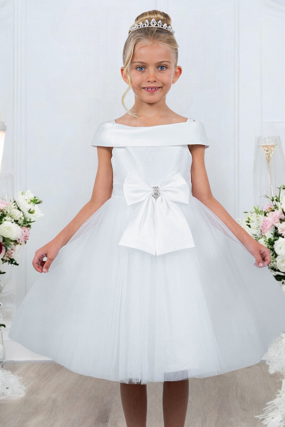 off the shoulder first communion dresses Adorable Off The Shoulder Neckline Girl Communion Dress by Cinderella Couture USA AS9200 White / 10