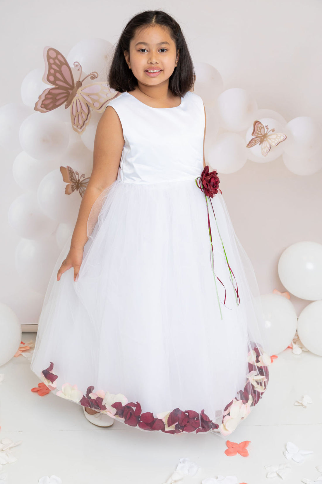 White Satin Flower Petal Flower Girl Dress by AS160B+ Kids Dream - Girl Formal Dresses