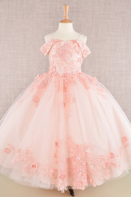 Floral Embroidery Cut-Away Shoulder Kids Dress by Elizabeth K - GK112