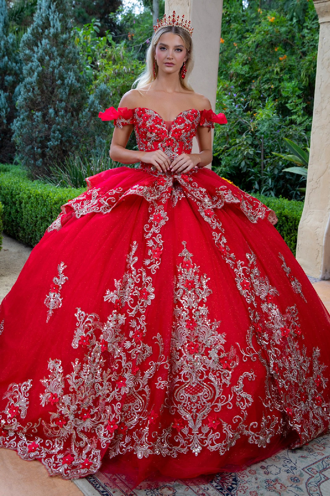 Long 3D Floral Applique Quinceanera Dress - Champagne / M Long 3D Floral Applique Quinceanera Dress - Champagne / M