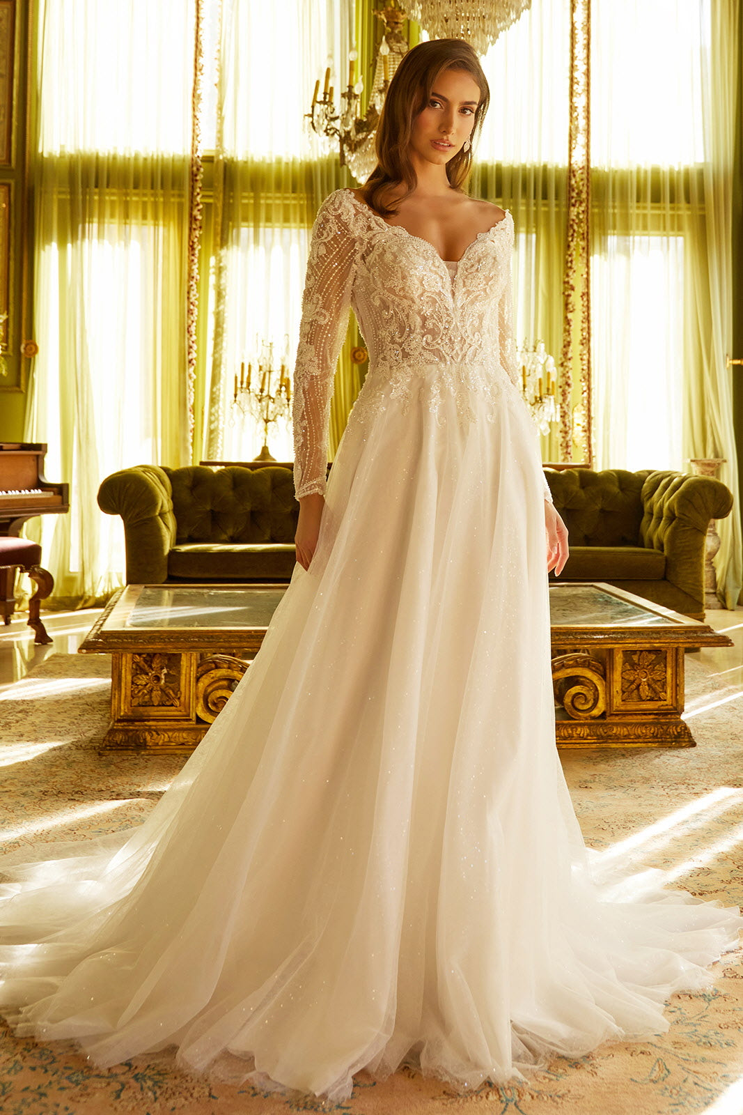 Embellished V-Neckline Long Sleeve Women Bridal Dress by GLS by Gloria - GL3530