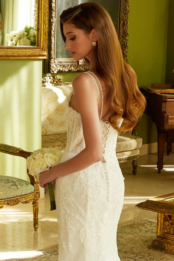 Embellished Spaghetti Strap V-Neck Women Bridal Dress by GLS by Gloria - GL3531