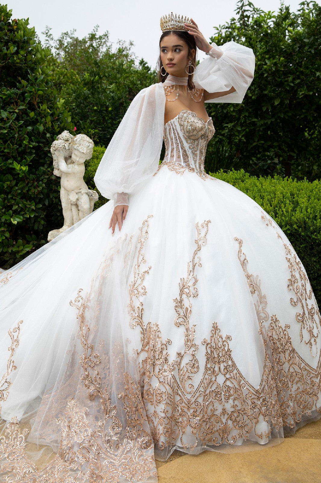 Strapless Puff Sleeve Ball Gown by GLS Gloria GL3578 2XL / Ivory/Gold Strapless Puff Sleeve Ball Gown by GLS Gloria GL3578 2XL / Ivory/Gold