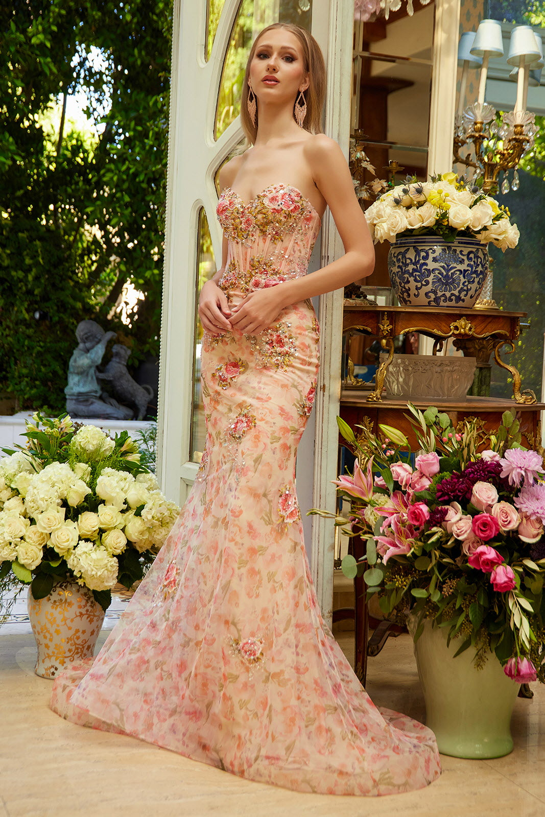 Floral Strapless Mermaid Dress by GLS Gloria GL3627 XL / Peach Floral Strapless Mermaid Dress by GLS Gloria GL3627 XL / Peach
