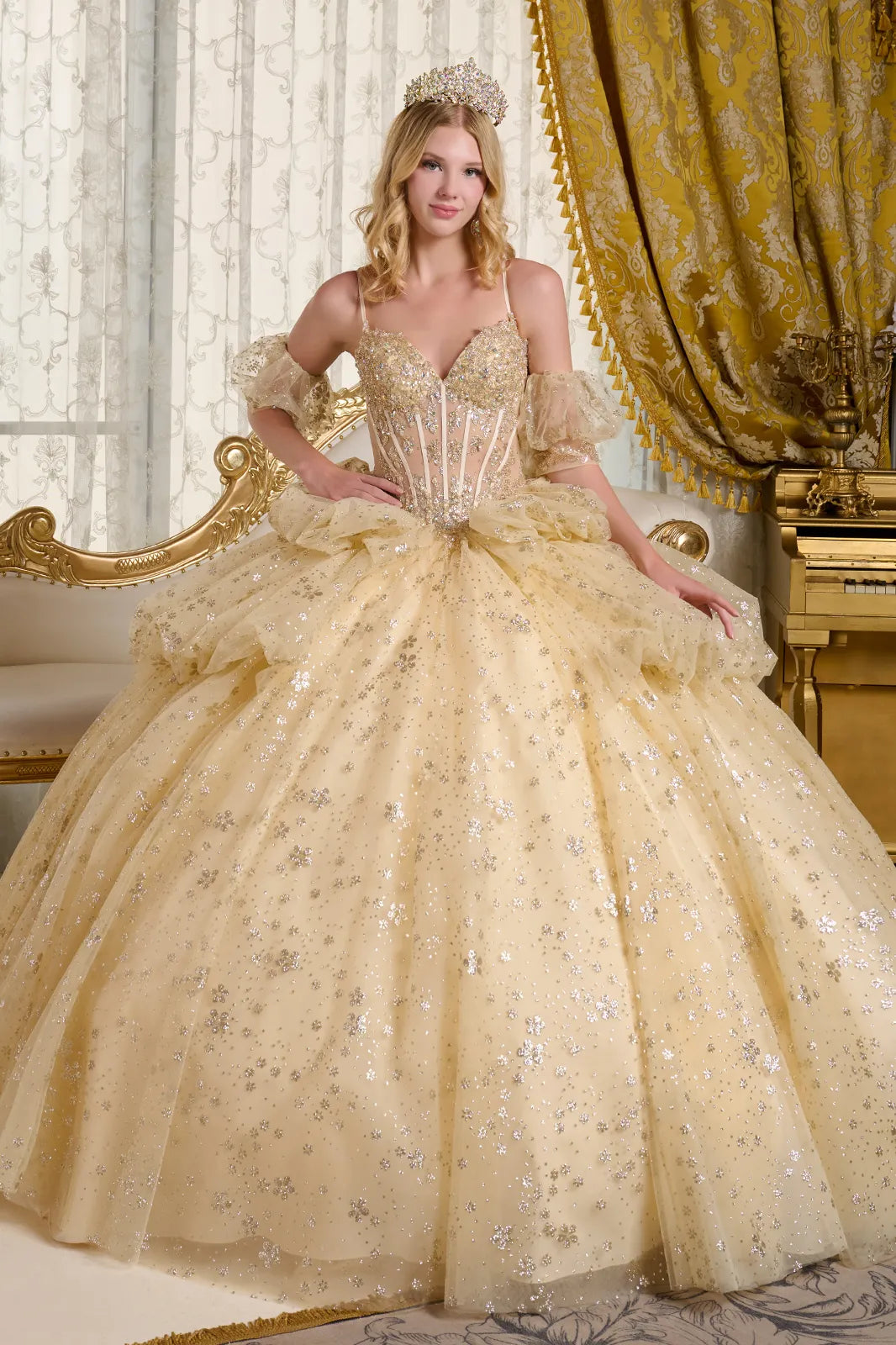 Glitter Cut-Away Shoulder Quinceanera Dress by Elizabeth K - GL3646