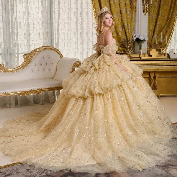 Glitter Cut-Away Shoulder Quinceanera Dress by Elizabeth K - GL3646