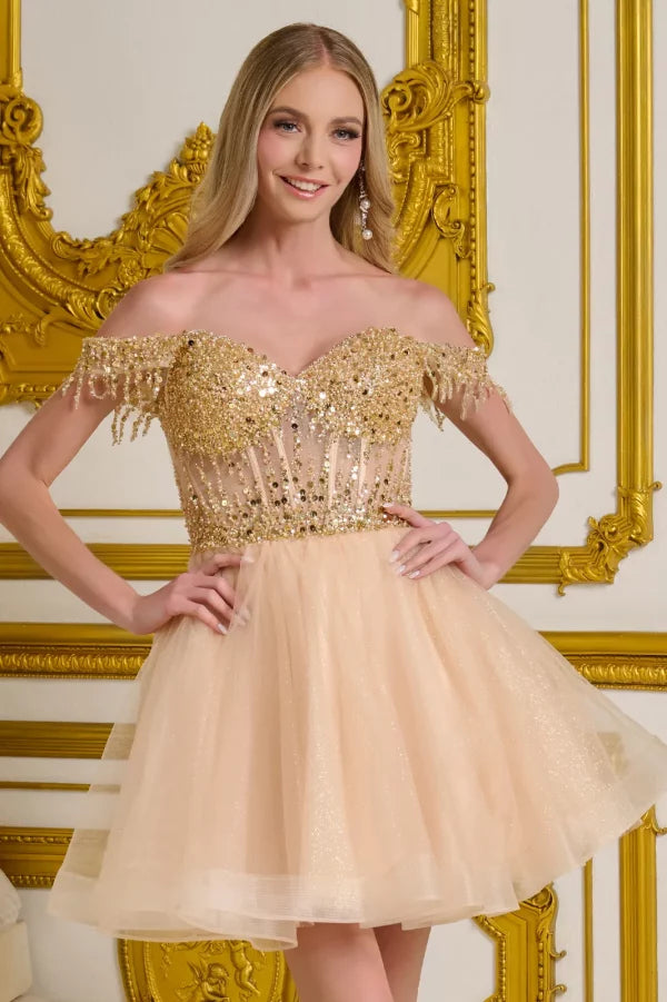 Elizabeth K - GS3634 - Tulle V-Neckline Sequin Cocktail Dress - Short