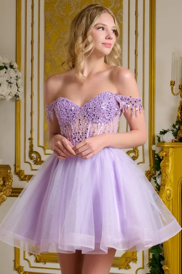 Elizabeth K - GS3634 - Tulle V-Neckline Sequin Cocktail Dress - Short