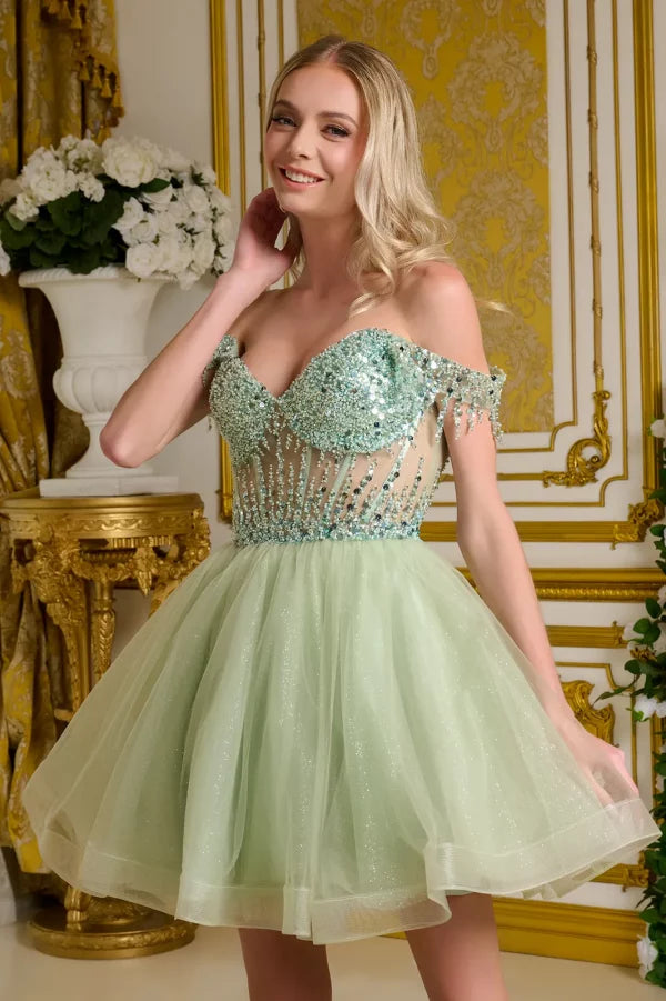 Elizabeth K - GS3634 - Tulle V-Neckline Sequin Cocktail Dress - Short
