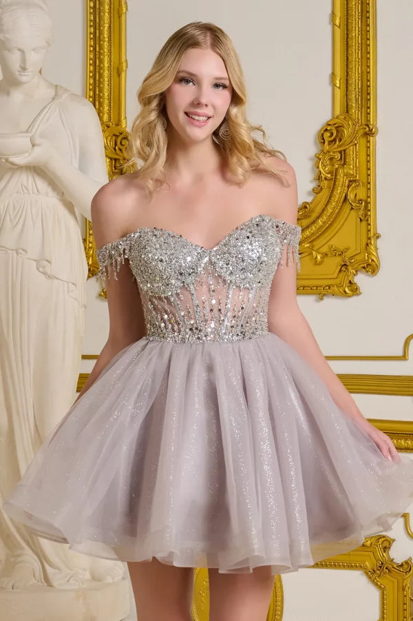Elizabeth K - GS3634 - Tulle V-Neckline Sequin Cocktail Dress - Short