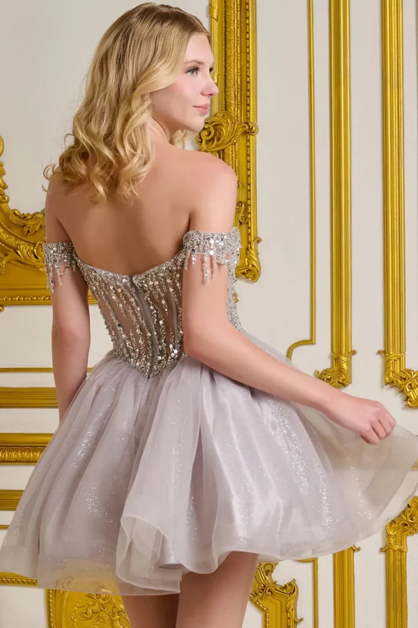 Elizabeth K - GS3634 - Tulle V-Neckline Sequin Cocktail Dress - Short