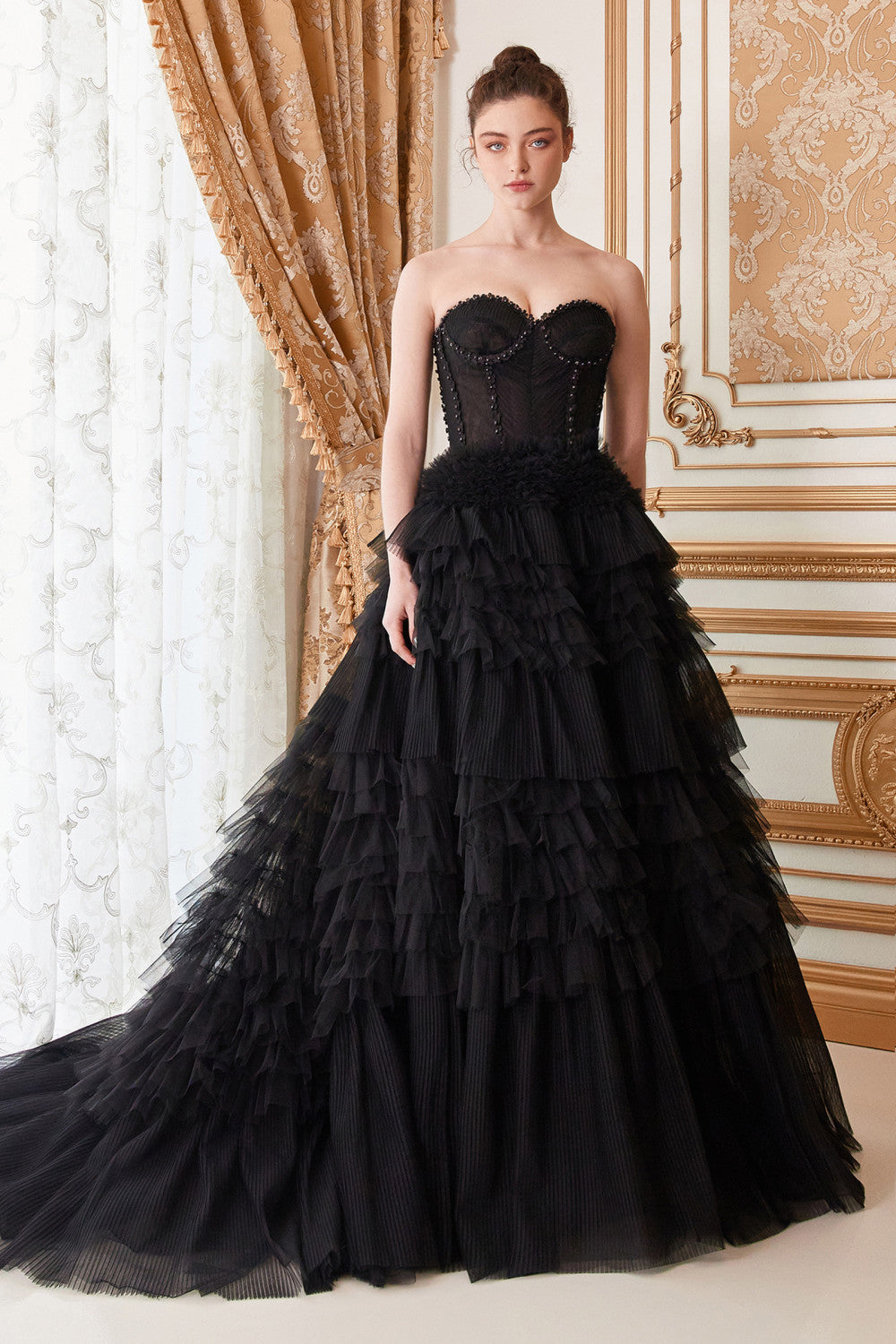 Strapless Corset Tulle Ruffle Ballgown Gown by Andrea & Leo