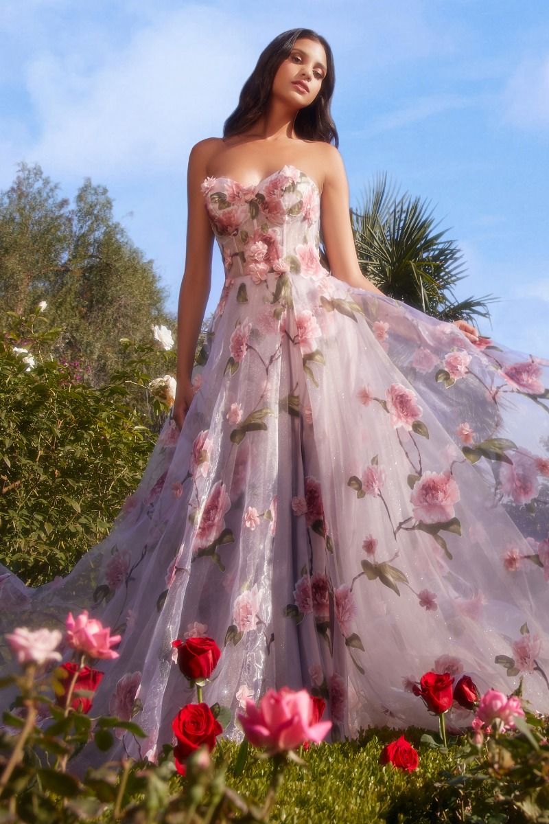 Strapless Floral Bodice Organza Ball Gown By Andrea & Leo Couture A1035 - Special Occasion