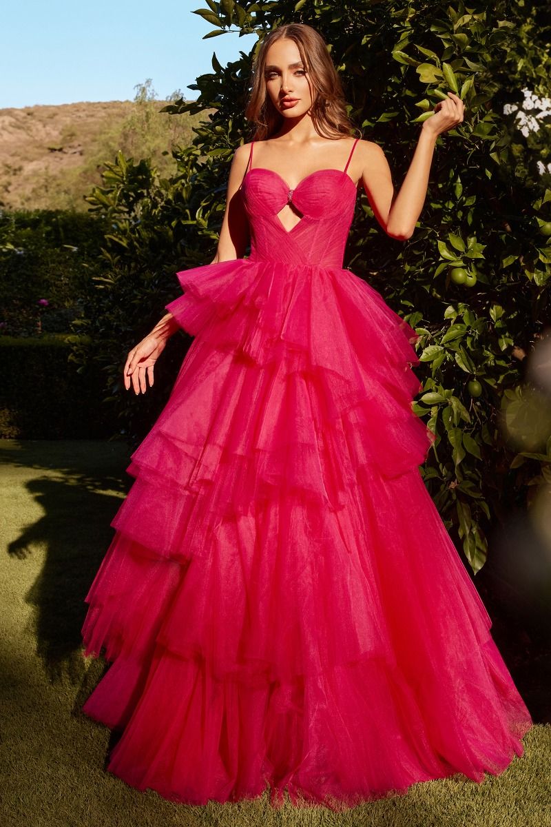 Andrea & Leo A1238 Tiered Ruffled Cut Out Ball Gown, Pink / 8 Andrea & Leo A1238 Tiered Ruffled Cut Out Ball Gown, Pink / 8