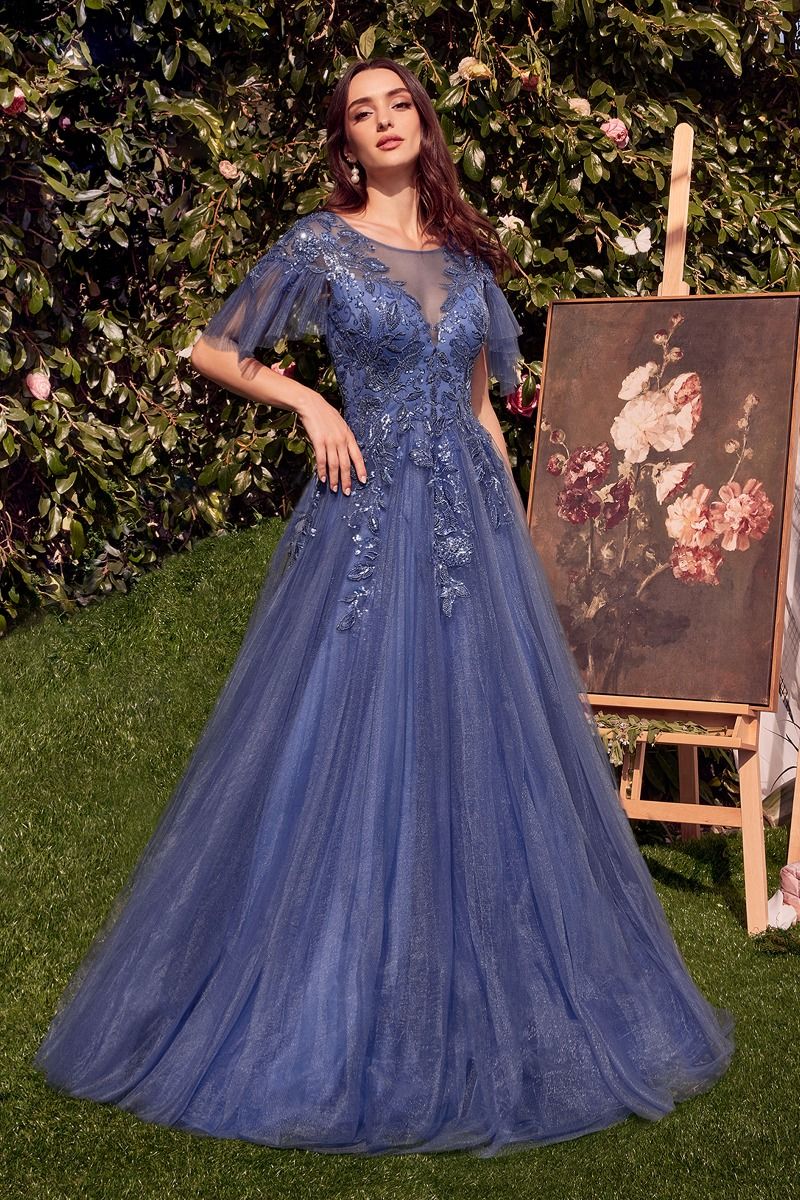 Embellished V-Neckline Layered Tulle Formal Evening Gown by Andrea