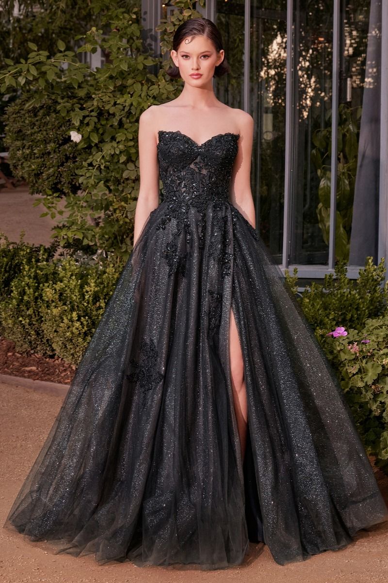 Strapless Layered Tulle Leg Slit Gown by Andrea and Leo A1378 - Special Occasion/Curves 4 / Black-nude Strapless Layered Tulle Leg Slit Gown by Andrea and Leo A1378 - Special Occasion/Curves 4 / Black-nude