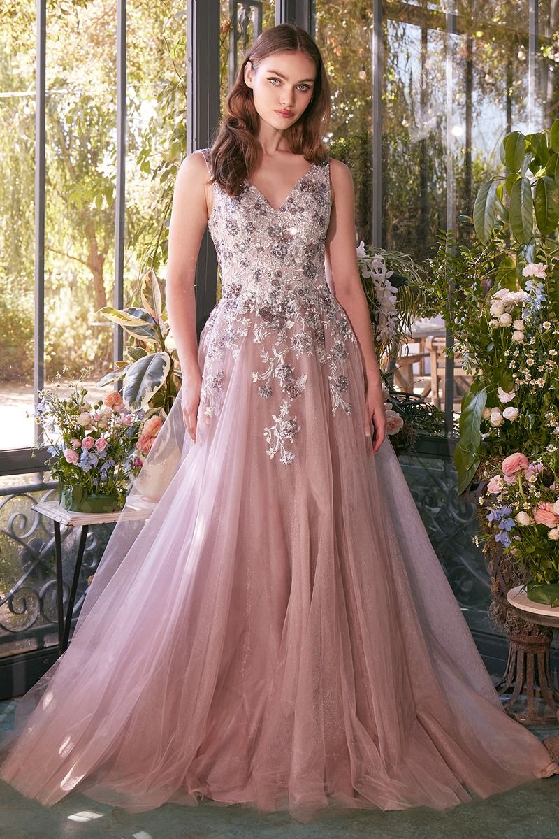 Embellished Sequin Bodice V-Neckline Gown by Andrea and Leo A1401 - Special Occasion/Curves Dusty Mauve / 6 Embellished Sequin Bodice V-Neckline Gown by Andrea and Leo A1401 - Special Occasion/Curves Dusty Mauve / 6