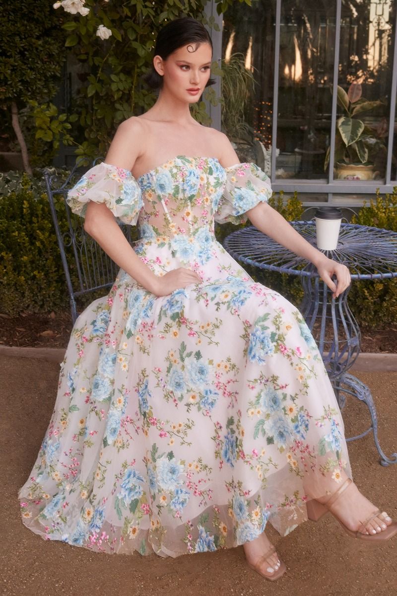 Strapless Puff Sleeves A-Line Tea Length Gown by Andrea and Leo A1406 - Special Occasion