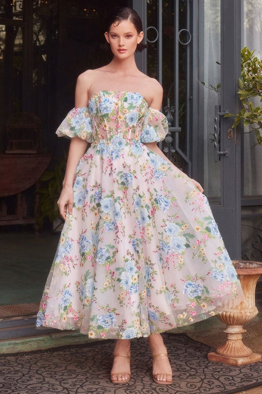 Strapless Puff Sleeves A-Line Tea Length Gown by Andrea and Leo A1406 - Special Occasion