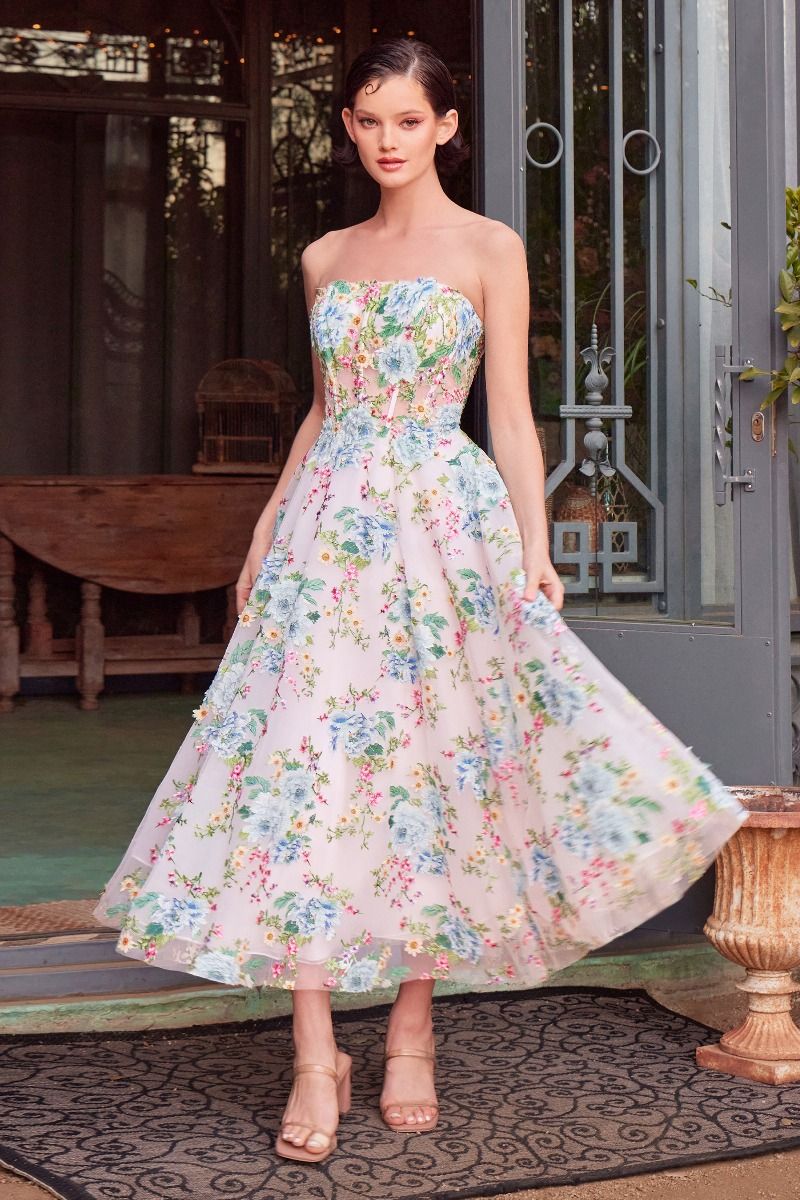 Strapless Puff Sleeves A-Line Tea Length Gown by Andrea and Leo A1406 - Special Occasion
