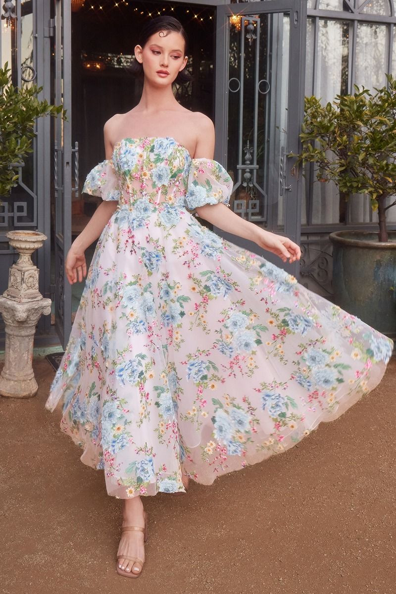 Strapless Puff Sleeves A-Line Tea Length Gown by Andrea and Leo A1406 - Special Occasion