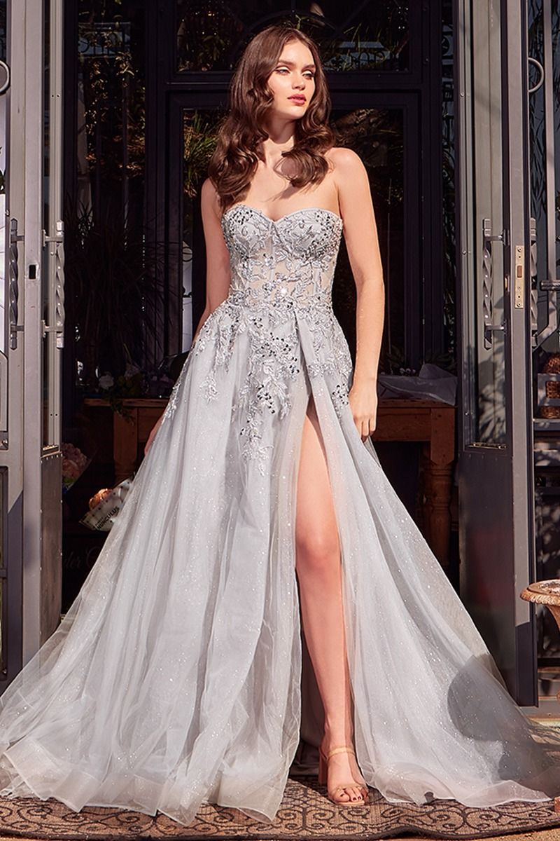 Lace Applique Sweetheart Leg Slit Gown by Andrea and Leo A1415 - Special Occasion