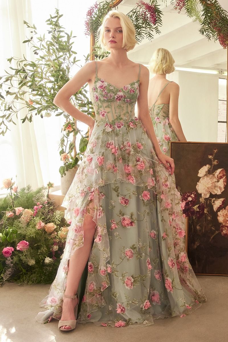 Floral Print Layered A-Line Gown by Andrea and Leo A1420 - Special Occasion