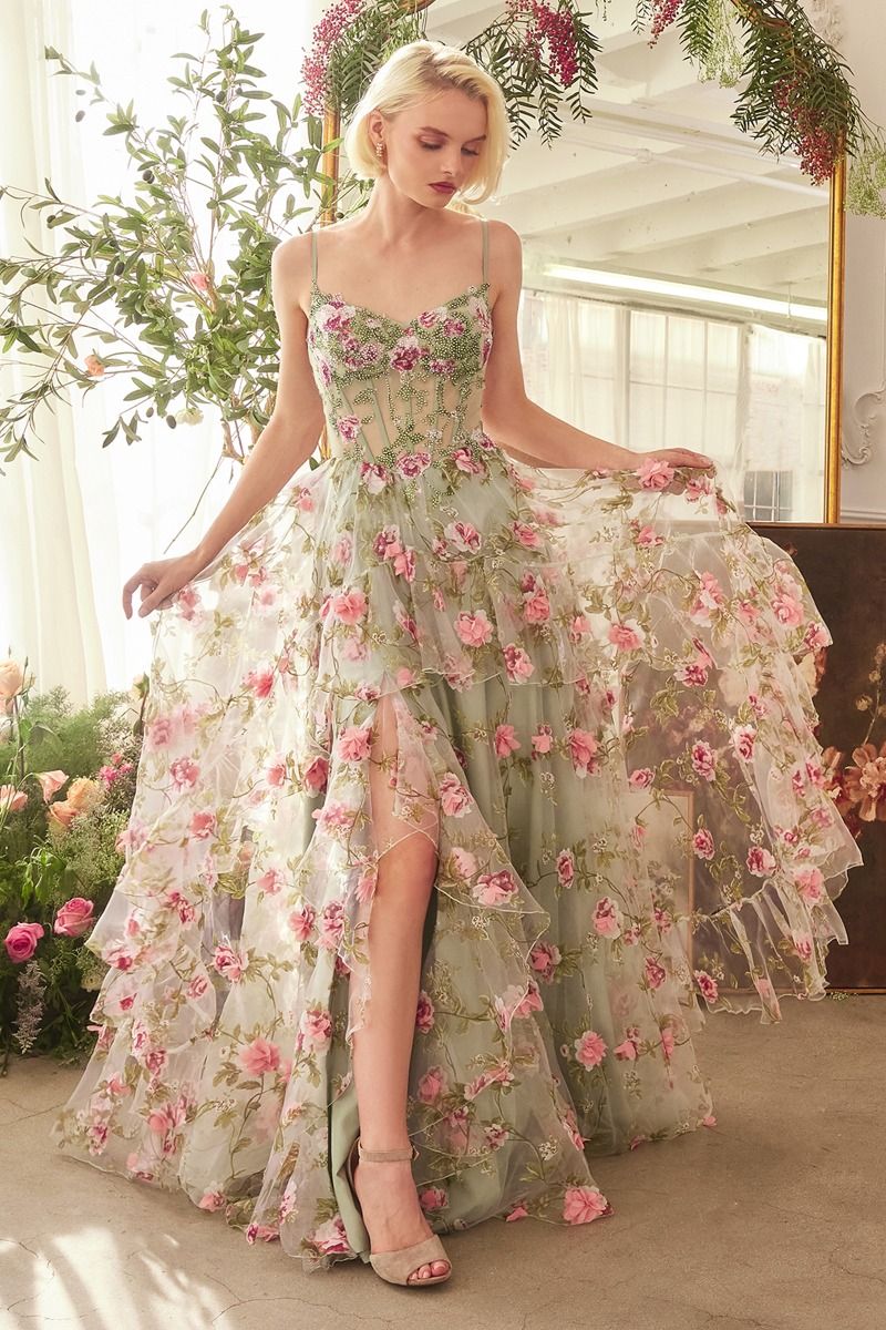Andrea & Leo A1420 Long Floral Printed A Line Formal Prom Dress - Sage / 6 Andrea & Leo A1420 Long Floral Printed A Line Formal Prom Dress - Sage / 6