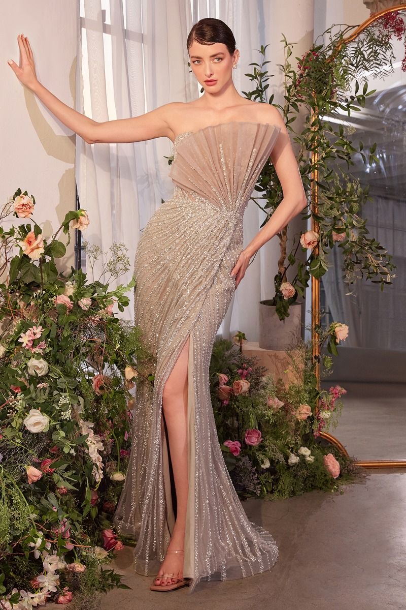 Pearl Beaded Tulle Leg Slit Gown by Andrea and Leo A1436 - Special Occasion/Curves